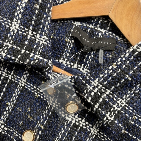 ENGLISH FACTORY blue white tweed plaid cropped blazer jacket NWOT sz L coquette - Picture 8 of 15